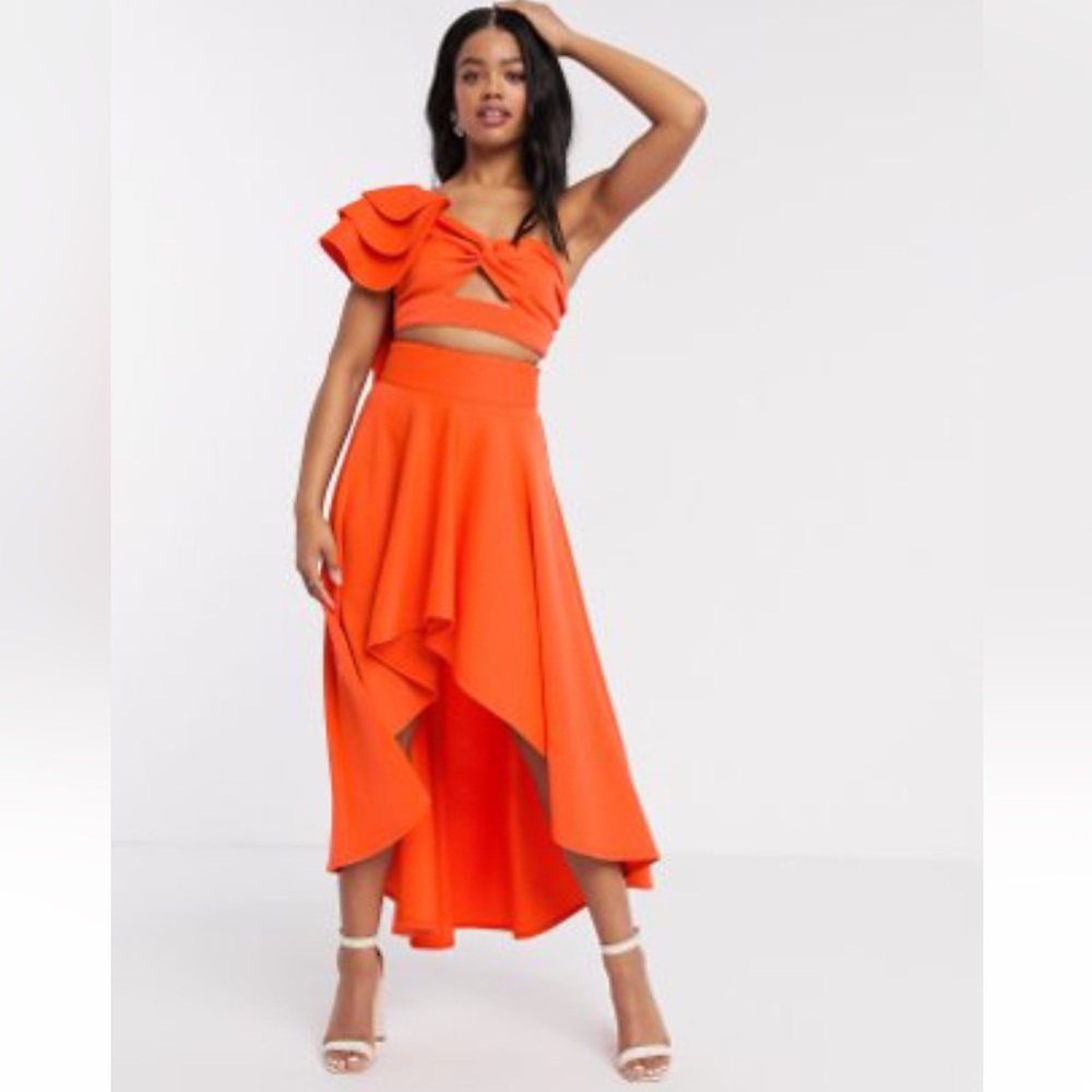 ASOS: Laced in Love Brand ruffle top & high low skirt co-ord in orange US 6